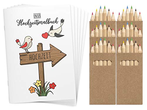 Wedding Shop Love Grows 6 libros para colorear de boda DINA6 con juego de lápices de colores / libro para colorear de 24 páginas para bodas, para niños, regalos