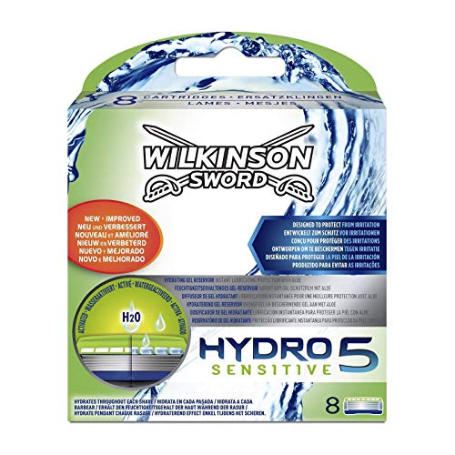 Wilkinson Sword Hydro 5 Sensitive - Recambio de Cuchillas de Afeitar de 5 Hojas para Hombres con Piel Sensible, Banda Lubricante Extra Hidratante, 8 Unidades