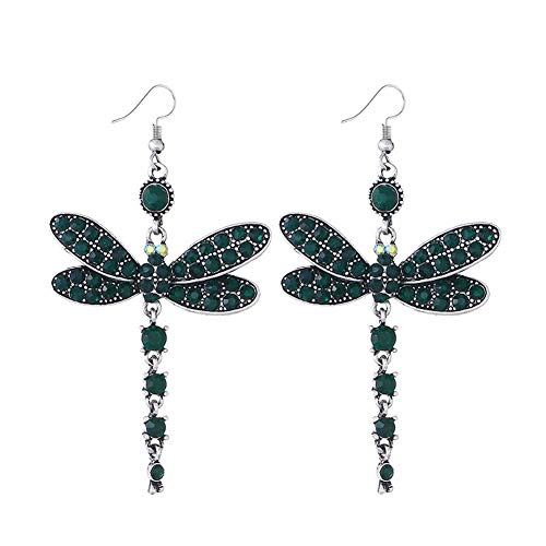 YAZILIND Vintage rhinestone libélula colgante de la gota étnica cuelgan pendientes de las mujeres joyas de regalo (verde)