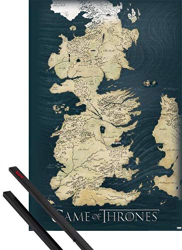 1art1 Juego De Tronos Póster (91x61 cm) Mapa De Westeros, Los Siete Reinos Y 1 Lote De 2 Varillas Negras