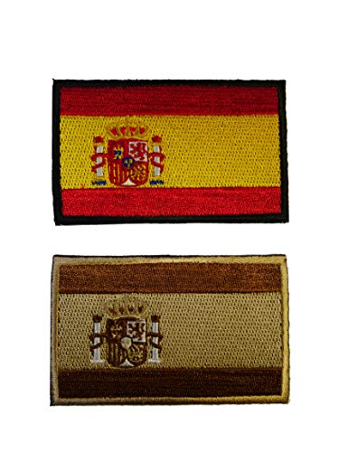 2 parches bordados con la bandera de España con velcro, color oficial y arido, tacticos, militares, moteros, ropa, mochila tactica, 8X5 cm.