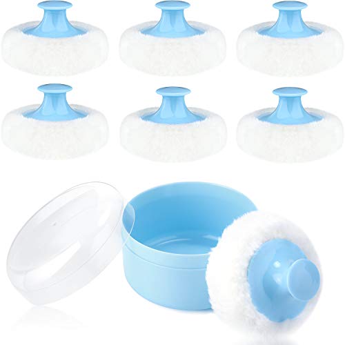 7 Reemplazos de Almohadilla de Bebé y 1 Caja de Plástico Vacía Contenedor de Puff Después de Baño de Vellosidad Esponjosa con Soporte de Mano para Cuidado Facial Coropal de Bebé (Azul)