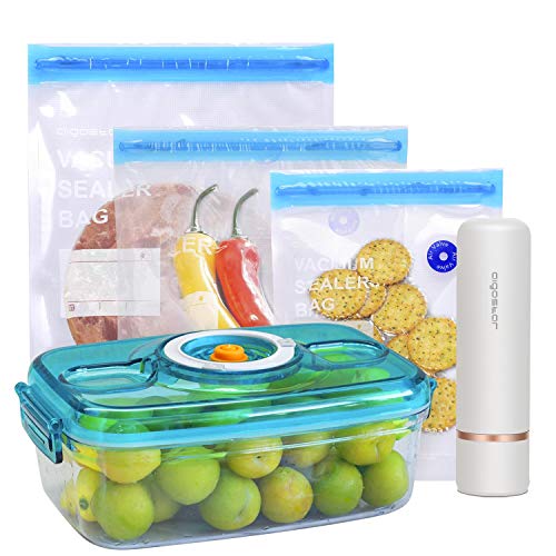 Aigostar Fresh - Pack 3 productos: mini bomba de vacío portátil, bolsas y recipientes para envasar al vacío. Envasador al vacío recargable por USB, conserva la comida durante días.