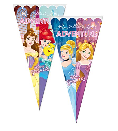 ALMACENESADAN 2362; Pack 6 Bolsas de Cono Disney Princesas; Ideal para Fiestas y cumpleaños; Bolsas para gominolas o Regalos; Producto de plástico; Dimensiones 20x40 cm