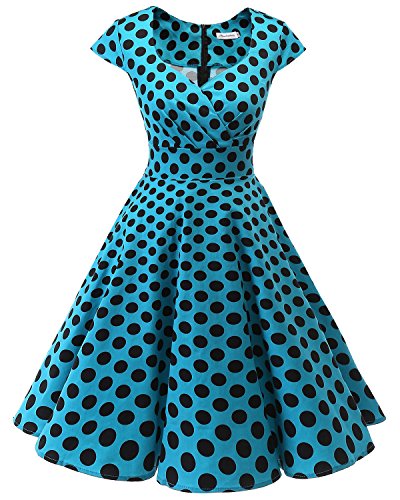 Bbonlinedress Vestido Corto Mujer Retro Años 50 Vintage Escote En Pico Blue Black BDot M