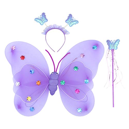 BESTOYARD 3 Piezas Fairy Butterfly Wing Princess Tutu Falda Diadema Stick Set Linda Hilo de Doble Cubierta Decoración Prop con lámparas (Púrpura, Pilas de botón Incluidas)