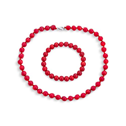 Bling Jewelry Naranja Rojo teñido simulado Coral Color 9MM Bola Cuentas Strand Collar Pulsera de Estiramiento para Las Mujeres 925 Plata Cierre