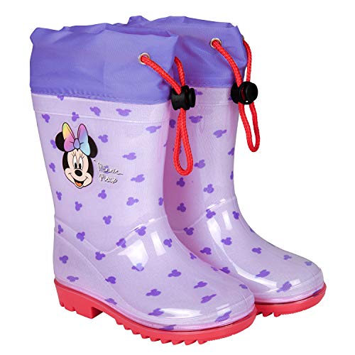 Botas de Agua Niñas Minnie Mouse - Botines Impermeables Infantiles Official Disney Minni - Suela Antideslizante y Cierre Cordón - Lila y Rojo - 4 Tallas Diferentes - Perletti (Lila, 26/27 EU)