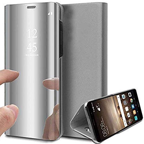 Caler Case Compatible con Samsung Galaxy S7 Edge Funda Cuero PU Espejo Brillante Clear View Modelo Fecha Duro Cover Flip Tapa Libro Soporte Plegable Ventana de Espejo Transparente Carcasa(Plata)