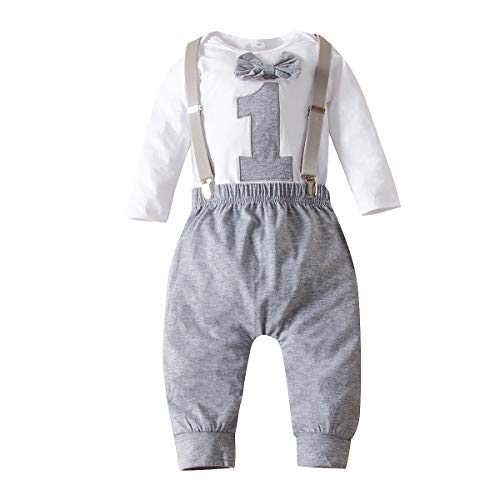 Chennie Conjunto de ropa de primer cumpleaños para bebé niño con pajarita y tirantes, pantalones para caballero para fotografía fotográfica (Gris, 9-12 meses)