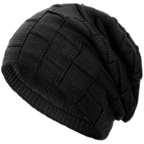 Compagno Gorro de invierno tipo slouch beanie de punto cesta con suave interior de forro polar, Color:Negro