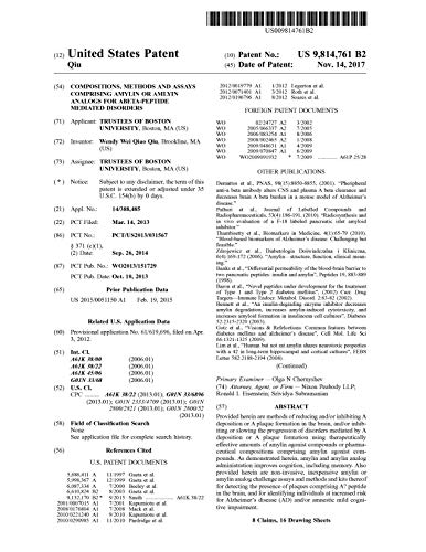 Compositions, methods and assays comprising amylin or amlyin analogs for abeta-peptide mediated disorders: United States Patent 9814761 (English Edition)