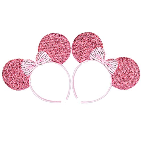 Conjunto de 2 Diademas para cumpleaños Fiestas de Halloween Mamá Niños Niñas Accesorios para el cabello Sombrero de orejas de ratón precioso Decoraciones (Lentejuelas Rosa Brillo)