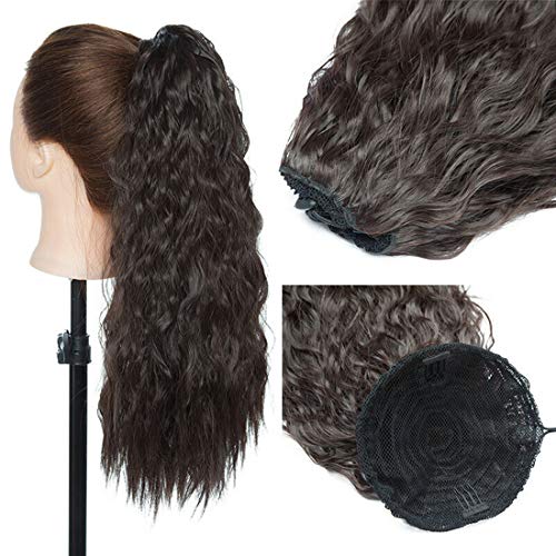 Extensión de cola de caballo rizada larga Extensiones de cabello de cola de caballo con cordón ondulado de maíz Piezas de cabello para mujeres Marron oscuro