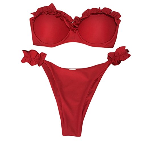Fossen Mujer Push-up Bikini con Volantes Traje de Baño de Playa (M, Rojo)