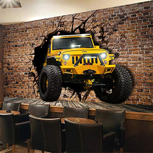 Fotomurales,3D Gran Mural Personalizado Foto Fondo De Pantalla Amarillo Jeep Coche Roto Pared Ladrillo Ktv Bar Restaurante Decoración Personalidad Papeles De Pared De Fondo, 260 Cm (H) ×420 Cm (W)
