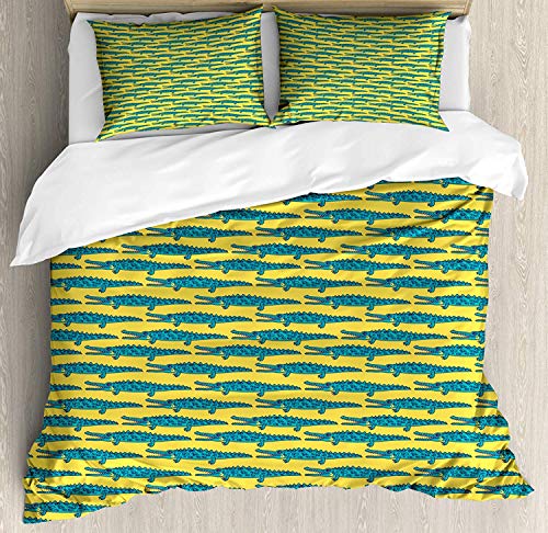 Gator Duvet Cover Set Small Double Size, Repetitive Doodle Style Drawing of Crocodile Pattern Predator Animal, Decorative 3 Piece Bedding Set with 2 Pillow Shams, Teal Mustard and Pale Ruby