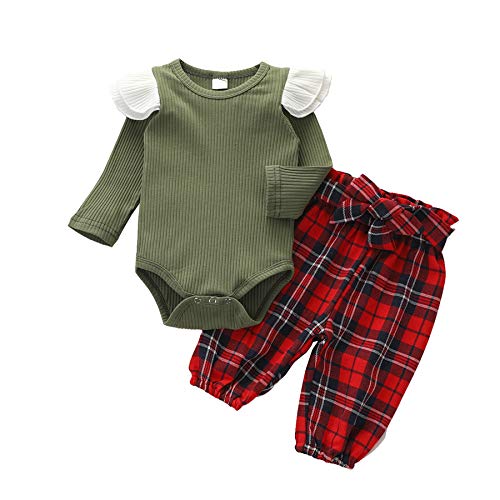 Geagodelia - Conjunto de 2 piezas de ropa de Navidad para bebé de manga larga con volantes + pantalones escoceses rojos, vestido de Navidad vintage, elegante, 0-24 meses Verde 12-18 meses