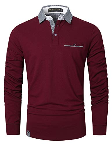 GHYUGR Polo Hombre Manga Larga Camiseta Deporte Clásico Elegante Cuadros Cuello T-Shirt,Rojo Vino,XL