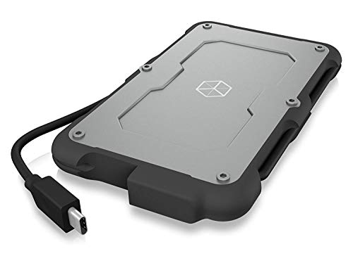 ICY BOX Caja Externa USB-C para Disco Duro SSD de 2,5 Pulgadas, Resistente al Agua, USB 3.1 (Gen 2, 10 Gbps), Cable Integrado, Color Plateado y Negro
