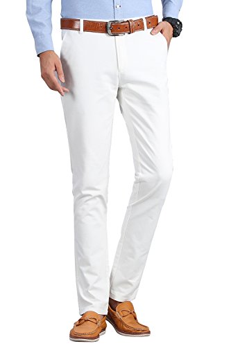 INFLATION estiramiento de la correa delgada frontal plana pantalones casuales 100% manguera de pantalones de vestir de algodón para los hombres 35 Blanco