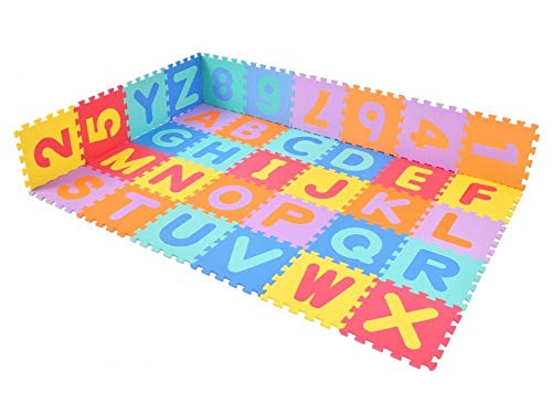isotrade Alfombra Puzzle Goma EVA NIÑOS 36 Piezas de 30x30 cm, Total 3.5m2. Letras y números del 0 al 9 de Colores para Aprender Jugando.