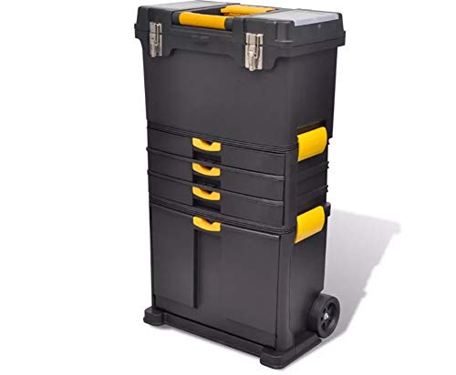 Juego de caja de herramientas portátil profesional, de polipropileno, negro y amarillo, con dos ruedas, 3 cajones (superior, inferior y sección central), 46 x 28 x 82 cm, tirador para 105 cm