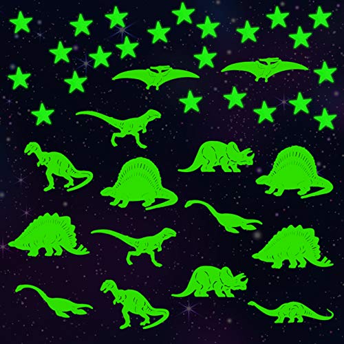 LAITER(2 Dinosaurios + 190 Estrellas Luminosas Pegatinas de Pared) Fluorescente de Plástico PVC Ecológico Adhesivos para Decoración de Pared en Dormitorio de Niños Chicos Niñas Bebé