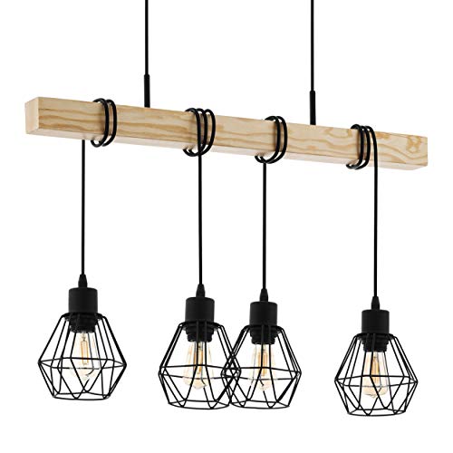 Lámpara colgante EGLO TOWNSHEND 5, lámpara de suspensión vintage con 4 bombillas de estilo industrial, lámpara colgada de acero y madera, color: negro, marrón, casquillo: E27
