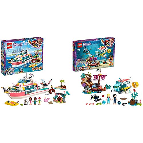 LEGO Friends - Barco de Rescate Nuevo Juguete de construcción de Aventuras Acuáticas + Misión de Rescate: Delfines Nuevo Set de construcción de Juguete de Barco Hundido y Robot Submarino
