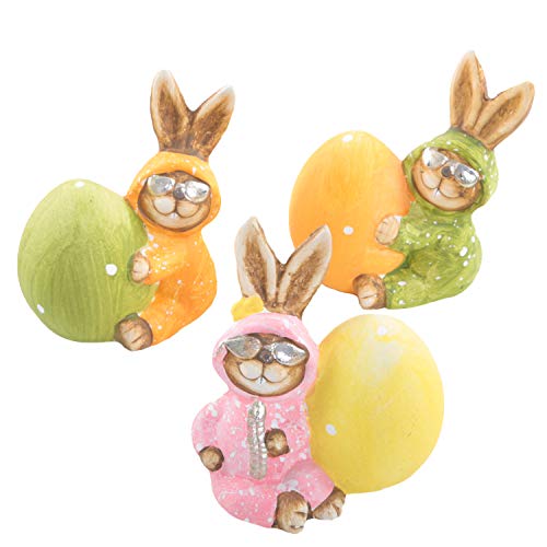 Logbuch-Verlag 3 conejos de Pascua con huevo de Pascua, decoración de Pascua, pequeña figura para regalar a amigos, niños y colegas, en naranja, amarillo, rosa, verde, 11 cm