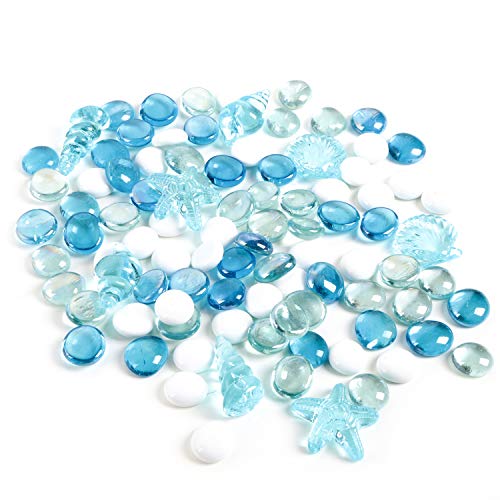 Logbuch-Verlag Juego de perlas de cristal y conchas de plástico azul turquesa y blanco – Decoración marítima de conchas de mar piedras decoración de verano 400 g