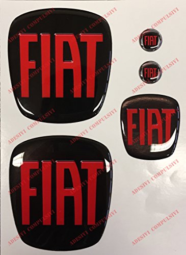 Logo Fiat delantero y trasero + logo para volante + 2 logos para llavero.Para capó y maletero.Adhesivos hechos de resina - Efecto 3D.Color negro/rojo