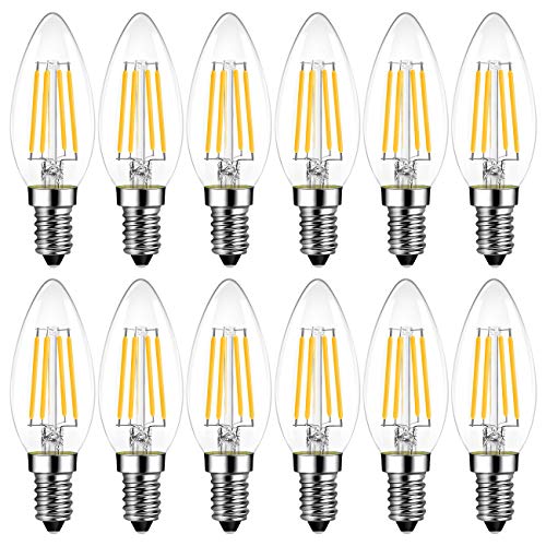 LVWIT Bombillas Vela de Filamento LED E14 (Casquillo Fino) - 4W equivalente a 40W, 470 lúmenes, Color blanco cálido 2700K. Bombilla retro vintage, No regulable - Pack de 12 Unidades.
