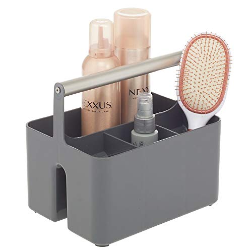 mDesign Caja organizadora para cuarto de baño – Práctica cesta con asa para el almacenamiento de cosméticos – Organizador de baño portátil con 4 compartimentos – gris oscuro/plateado mate