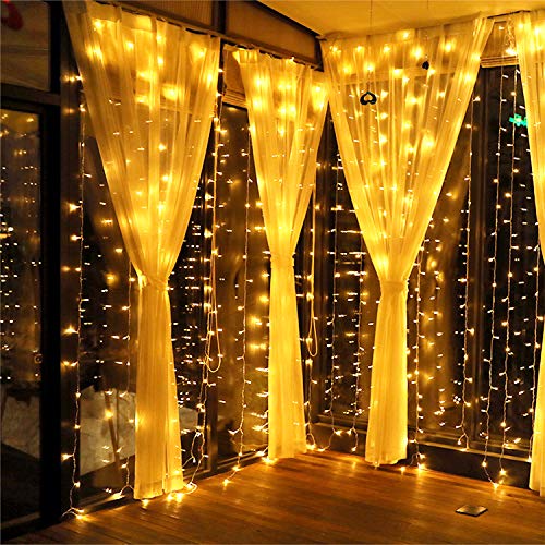MeaMae Care Luces de cortina 3m x 3m 300 string 8 modos de iluminación USB cortina de luz para boda fiesta Navidad blanco cálido [Clase de eficiencia energética A +++]