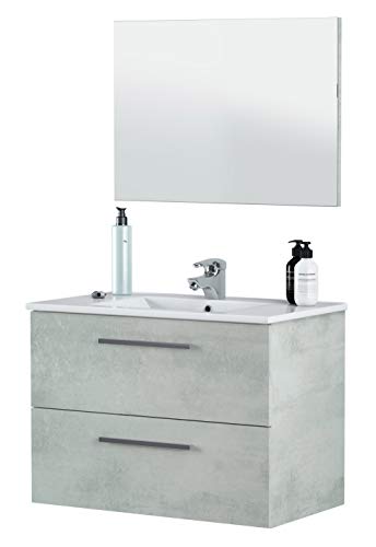 Miroytengo Mueble baño y Espejo Plutón 2 cajones diseño Moderno Cemento 80x45x57 cm Incluye Lavabo Cerámico