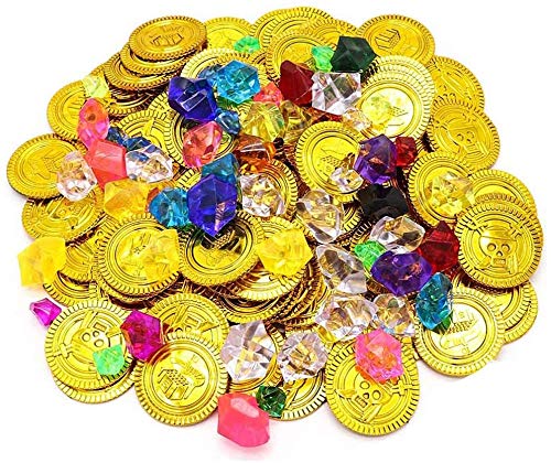Monedas oro Juguete, ZoneYan Monedas de oro y Gemas, 100 Monedas de oro Pirata, 100 Gemas de Piratas, Monedas de oro y Gemas Piratas del Tesoro Pirata, Búsqueda del Tesoro, Cumpleaños Los Niños