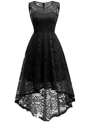 MUADRESS Vestido Cóctel Vintage A-línea Hi-Lo Elegante Mujer Flor Encaje Vestidos De Fiesta Negro L