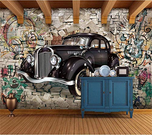 Mural retro coche de época a través de la pared restaurante bar mural papel de pared de fondo-200x140cm