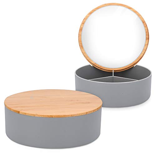 Navaris Joyero de bambú con espejo - Caja de Ø 14 x 5 CM para almacenamiento de joyas bisutería collares adornos anillos pendientes y pulseras