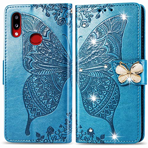 Oihxse - Funda con tapa para Samsung Galaxy A21 (piel sintética, tarjetero, función atril), diseño de mariposas brillantes, color azul
