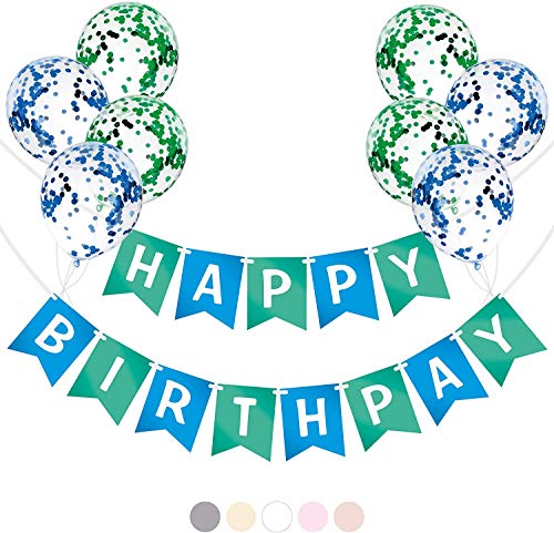 Pancarta de feliz cumpleaños con globo verde azul Alfabeto gigante "Happy Birthday" Pancarta de látex con lentejuelas confeti Globos Decoración de cumpleaños