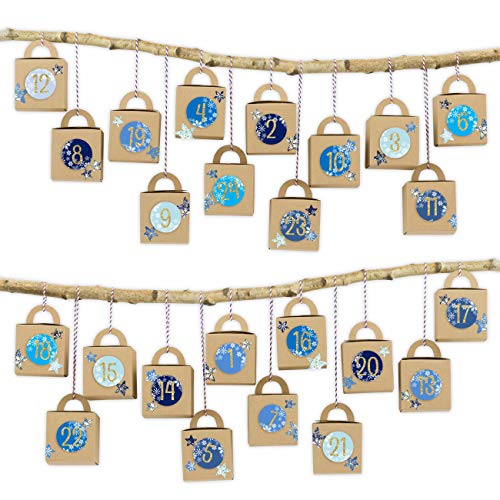 Papierdrachen 24 cajitas de Calendario de Adviento con Asas - Motivo Cajas Marrones con diseños en Azul y Dorado - para Rellenar - Navidad 2018