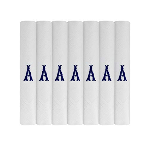 Paquete de 7 pañuelos para hombre con inicial bordado blanco con borde de satén, varias letras