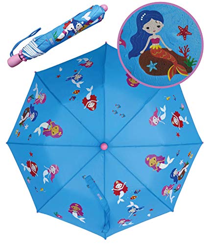 Paraguas mágico plegable HECKBO© de niños con dibujos de sirenitas – Si llueve cambia de color - Paraguas de bolsillo – Cabe en la mochila, protección contra el sol, para la escuela y la guardería