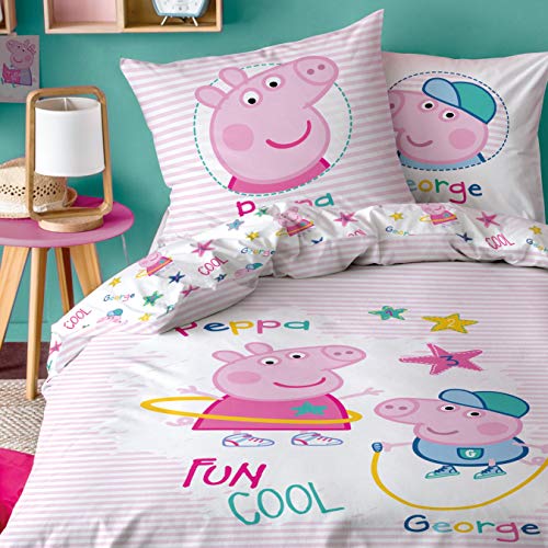 Peppa Wutz CTI Ropa de cama reversible de Peppa Pig · Ropa de cama infantil para niñas · Rosa, Blanco · Peppa & George · Funda de almohada 80 x 80 + Funda nórdica 135 x 200 cm