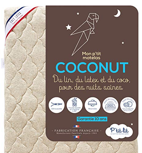 P'tit Lit – Colchón para bebé Coco Nut – 60 x 120 cm – 1 Cara de látex / 1 Cara de Coco de Origen Vegetal – Lino: naturalmente termorregulador – Desenfundable – Oeko Tex® – Fabricación Francesa