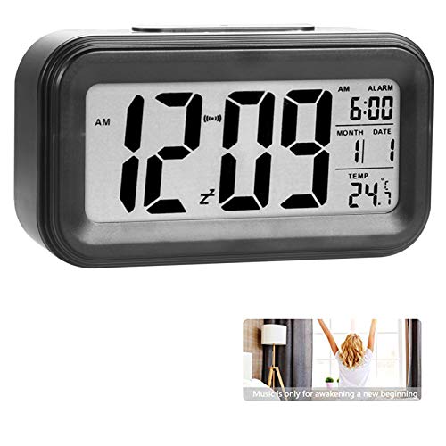 Reloj de Alarma Digital, LCD Pantalla Reloj Alarma Inteligente y con Pantalla de Fecha y Temperatura Función Despertador con Sensor de luz y función Snooze Funciones, para Niños Adultos (negro)