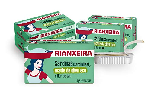 RIANXEIRA Pack de 8 Latas x 81g. de Sardinas (Sardinillas) en Aceite de Oliva Virgen Extra Ecológico y Flor de Sal. Presentación 6-8 piezas.